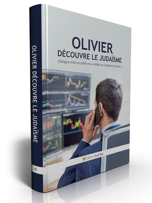 Couverture du livre 'Olivier découvre le judaïsme' avec un homme en costume au téléphone devant des écrans financiers