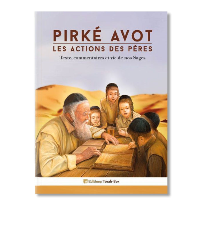 Couverture du livre Pirke Avot avec un sage enseignant cinq enfants en robe traditionnelle dans un désert