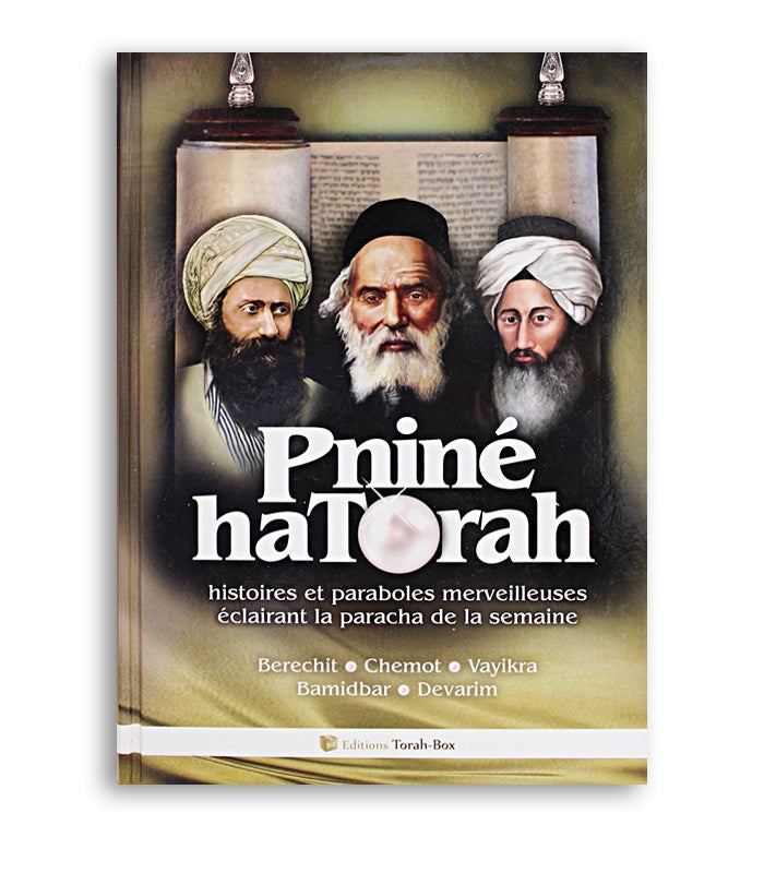 Couverture du livre Pninè haTorah avec trois figures masculines devant un rouleau de Torah, éditions Torah-Box.