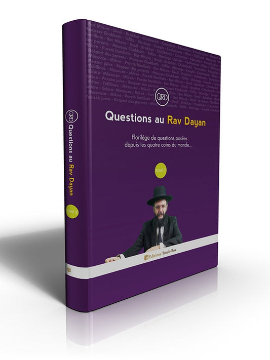 Couverture du livre violet 'Questions au Rav Dayan Tome 5' avec photo d'un homme en chapeau noir