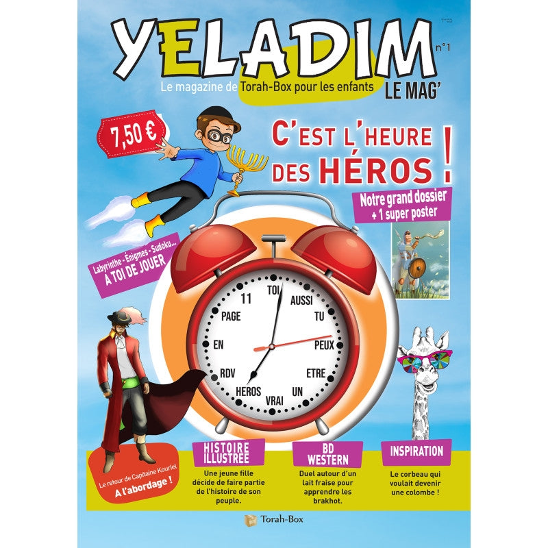 Couverture magazine Yeladim Le Mag pour enfants avec horloge rouge, héros en BD, illustration et inspiration Torah-Box
