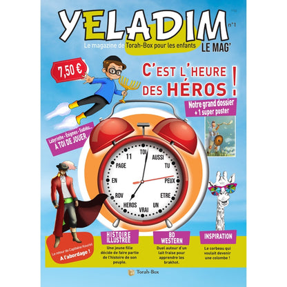 Couverture magazine Yeladim Le Mag pour enfants avec horloge rouge, héros en BD, illustration et inspiration Torah-Box