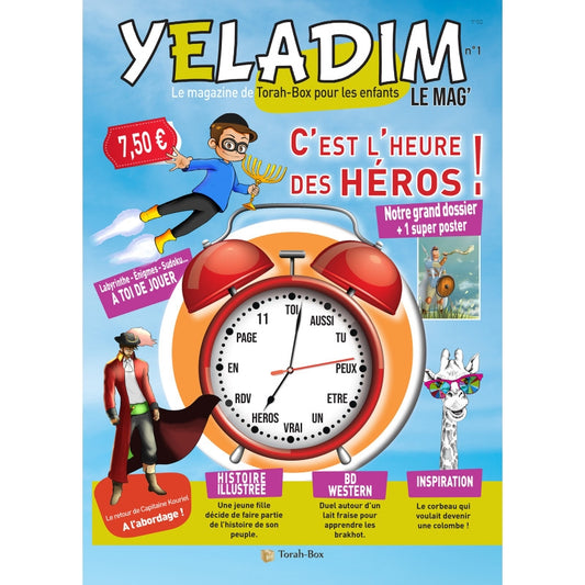 Couverture magazine Yeladim Le Mag pour enfants avec horloge rouge, héros en BD, illustration et inspiration Torah-Box