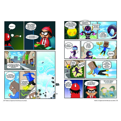 Pages de bande dessinée colorée avec héros en costume rouge et casque bleu dans ville, action et dialogue